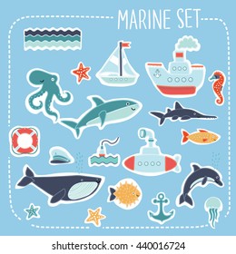 Vector set of marine cartoon element and illustrations
