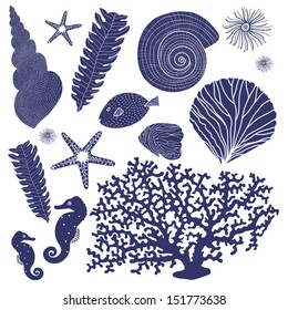 Vector set of marine elements. Set can be used for wallpaper, pattern fills, web page background, surface textures.