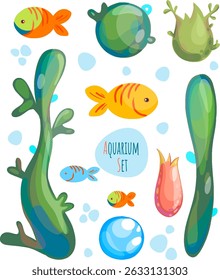 A vector set with marine elements. Plants, algae, and aquarium fish.