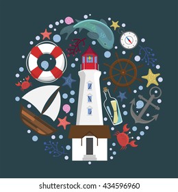 Vector set of  marine icons in the form of circle on blue background.Vector illustration. Marine symbols.