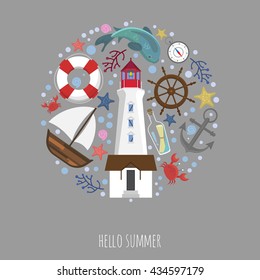 Vector set of  marine icons in the form of circle on grey background.Vector illustration. Marine symbols.
