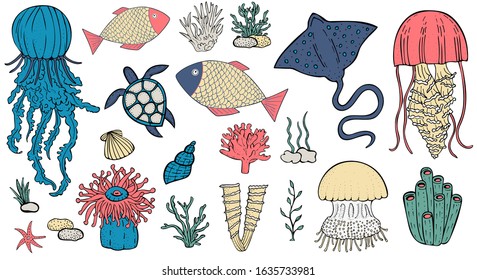 vector set of marine inhabitants - fish, jellyfish, stingray, turtle, corals, algae, sponges