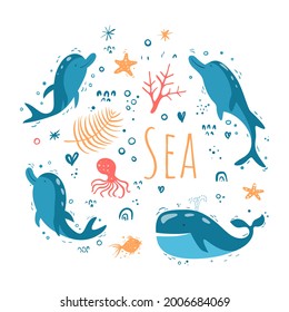 Vector set with marine items. Sea collection isolated on a white background. Whale, dolphins, octopus and coral. Vector flat illustration.