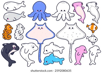 Vector set of marine life. Coloring book or coloring page. Hand drawn sea animals. Cartoon isolated vector illustration