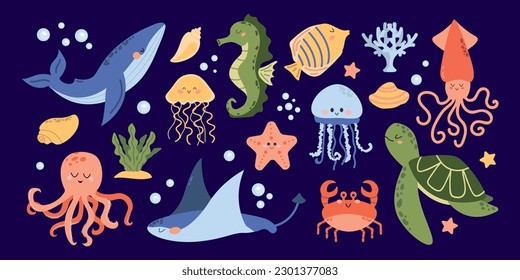 Vector set of marine life. Cute whale, squid, octopus, stingray, jellyfish, fish, crab, seahorse. Algae and sea shells. Fish and wild sea animals isolated on blue background. Cartoon style. 