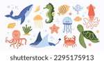 Vector set of marine life. Fish and wild marine animals isolated on white background. Sea life. Cute whale, squid, octopus, stingray, jellyfish, fish, crab,seahorse. Algae and seashells.Cartoon style.