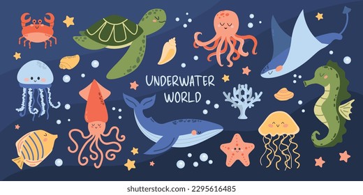 Vector set of marine life. Fish and wild marine animals isolated on blue background.Underwater life. Cute whale, squid, octopus, stingray, jellyfish, fish, crab, seahorse.Algae and sea shells.Cartoon.