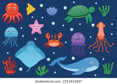 Vector set of marine life. Fish and wild marine animals. Underwater life. Cute whale, squid, octopus, stingray, jellyfish, fish, crab, turtle. Algae, corals and sea shells. Cartoon.