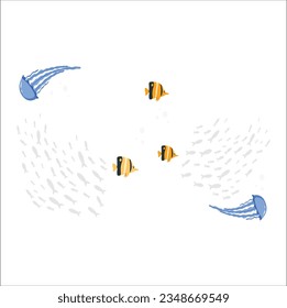 Vector set of marine life. Fish and wild marine animals isolated on white background. Sea life. Jellyfish, fish and seashells. 2292