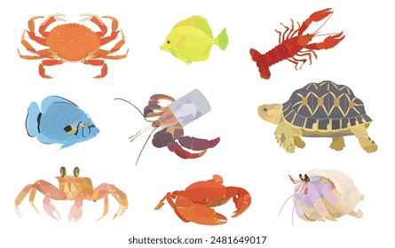 In: Vektorgrafik Set of Marine Life. Fische und wilde Meerestiere auf weißem Hintergrund. Süße Langusten, Einsiedlerkrebs, Schildkröten und tropische Fische.