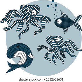 vector set of marine life in geometric shading
