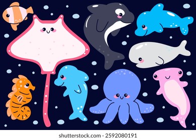 Vector set of marine life. Hand drawn sea animals. Cartoon isolated vector illustration