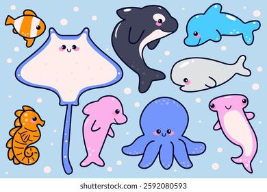 Vector set of marine life. Hand drawn sea animals. Cartoon isolated vector illustration