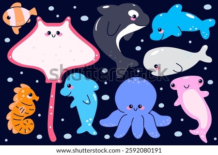 Vector set of marine life. Hand drawn sea animals. Cartoon isolated vector illustration