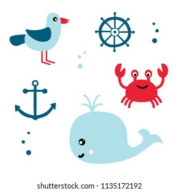 Vector set of marine and nautical illustrations  in blue, red and white colors. Sea theme. Cute collection of Summer time icons; crab, anchor, steering wheel, seagull, whale. Cartoon animals