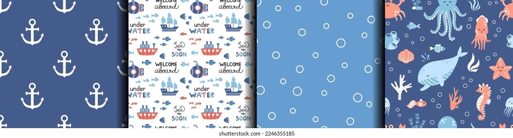 Vector set of marine seamless patterns. Childish backgrounds in flat design. Design for kids. Sea life.