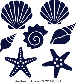 Conjunto de Vector de conchas marinas y siluetas de estrellas de mar en un diseño plano limpio, perfecto para los temas de playa de verano, gráficos de vacaciones y Elementos decorativos inspirados en el océano.