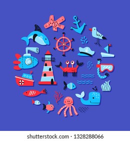 Vector set of marine theme objects. Hand drawn illustation of sea life