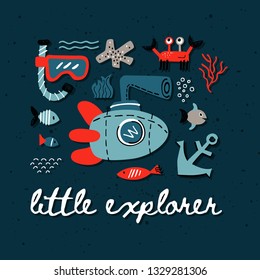 Vector set of marine theme objects. Hand drawn illustation of sea life