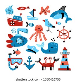 Vector set of marine theme objects. Hand drawn illustation of sea life