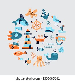Vector set of marine theme objects. Hand drawn illustation of sea life