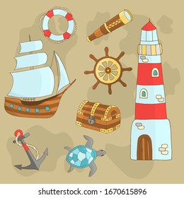 Vector set of marine themes with a ship, lighthouse, steering wheel, sea turtle, anchor, treasure chest, lifebuoy, telescope on a beige sand background, for design of covers, books, packaging, print o