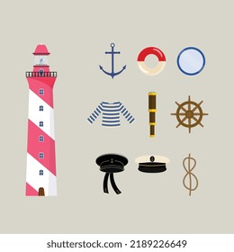 vector set of marine-themed items on a white background