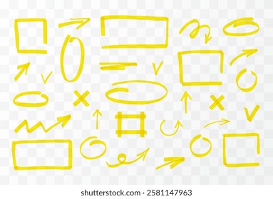 Vector set of marker arrows, squares, lines, rectangles, circles, yellow. Hand drawn elements for school notes and graphic designs. Isolated transparent background. Illustration.