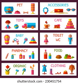 Vector set of market signages in flat style.