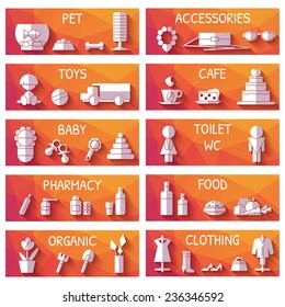Vector set of market signages in flat style.