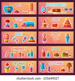 Vector set of market signages in flat style.
