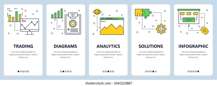 Vector set of market vertical banners. Trading, Diagrams, Analytics, Solutions, Infographic website templates. Modern thin line flat style design.