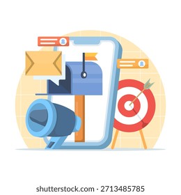 Conjunto de Vectores de ilustraciones de conceptos de marketing que incluyen marketing por correo electrónico, estrategias de negocios digitales, publicidad, boletines informativos, mensajes y Materiales promocionales.