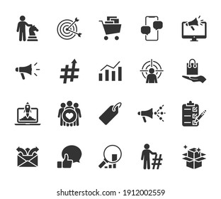 Conjunto de vectores de iconos planos de marketing. Contiene estrategia de iconos, tendencias, marketing digital, estadísticas, marca, cliente, presentación de productos, email marketing y más. Pixel perfecto.