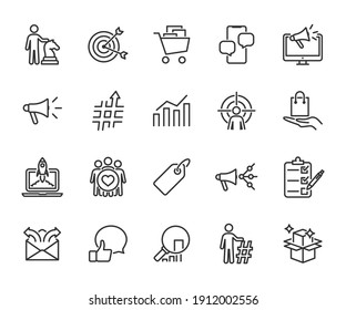 Vector set of marketing line icons. Contains icons strategy, trends, digital marketing, statistics, brand, customer, product presentation, email marketing and more. Pixel perfect.