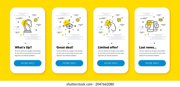 Conjunto de vectores de estrategia de marketing, entrega de paquetes e iconos de línea de lluvia de ideas. pantallas de aplicación de teléfono de interfaz de usuario con iconos de línea. Icono sms de Smartphone. Caballero de ajedrez, servicio logístico, relámpago. Vector