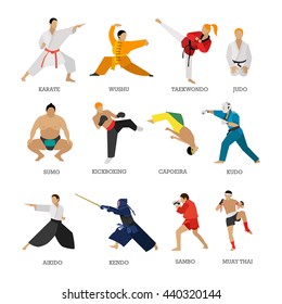 Vector set of martial arts people silhouette isolated on white background. Sport positions. Design elements and icons. Martial arts fighters.