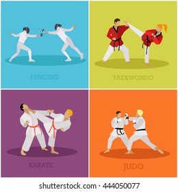 Vector set of martial arts people silhouette. Sport positions vector illustration. Design elements and icons. Martial arts and fencing fighters.