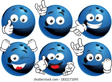 Vector set mascots of bowling ball. Perfect for printing flyers, T-shirts, posters, brochures and other printing materials.