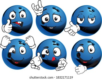 Vector set mascots of bowling ball. Perfect for printing flyers, T-shirts, posters, brochures and other printing materials.