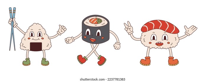 Vector set with mascots in retro style. Groovy collection of onigiri holding chopsticks, nigiri sushi and walking maki sushi. Hippie characters 70s.