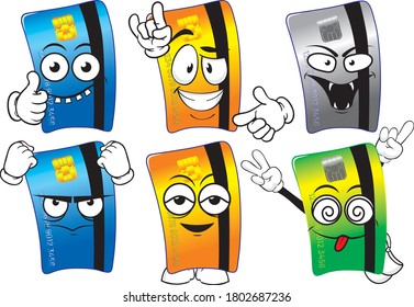 A vector set of mascots that look like credit cards.