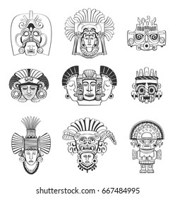 Vector set of mask and deity of the Indians of South America. Stylized graphics in the style of the Aztecs and the Incas on white background.