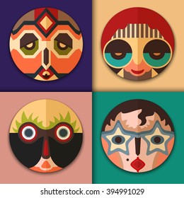 Vektormaske: Hippie mit Aviator-Sonnenbrille, Retro-Frau, Hipster mit Brille und Stammesverzierung, überraschte Mann im afrikanischen Stil. Kollektion von Menschen, flache Symbole. Stylisches ethnisches Muster