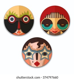 Vector Set Of Mask: Surprised Man, Smiling Hippie With Sunglasses And Retro Haircut, Vintage Woman With Star Sunglasses. People Collection Icons. 3d Emoticons In Material Design On White Background