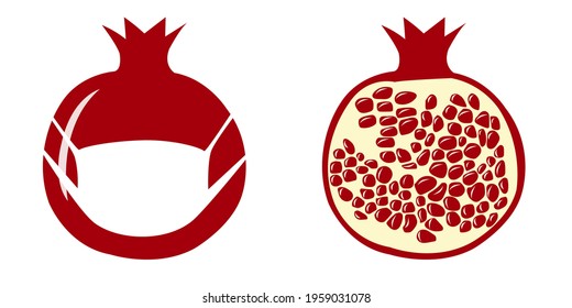 Vector set of masked pomegranates - colorful fruit and section icon on white background. Isolated illustration, easy editable and ready to use icon. Collection of various drawings, paintings.