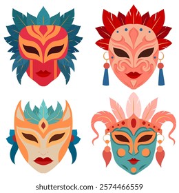 Vector set of masquerade masks with feathers. Festive collection of flat style Venetian mask clip arts for stickers, cards and your creativity