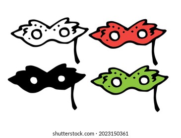 Vektorset von Masquerade Masken in Rot und Grün. Karnevalsmaske im Doodle-Stil, einzelne schwarze Umrandung und Silhouette auf weißem Hintergrund für eine Vorlage für Urlaubsdesign, Postkarten, Etiketten