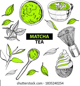 Vector set of matcha tea. Chinese tea. Ice cream. Leaves. Green color.