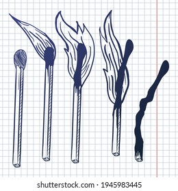 Vector Set of Matches. Different Stages of Burning